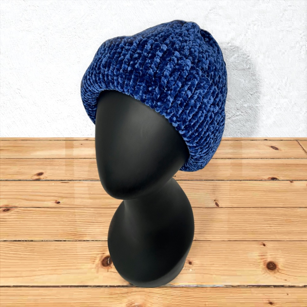 Handmade Super Soft Velvet Knit Beanie Handcrafted Hat Navy - Picture 9 of 11